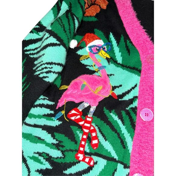 Holiday Time Women’s Large Ugly Christmas Sweater Cardigan Flamingo Colorful - Picture 2 of 7